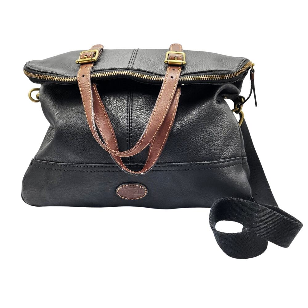 Vintage Fossil Explorer Foldover Black Pebbled Leather Convertible Crossbody Bag